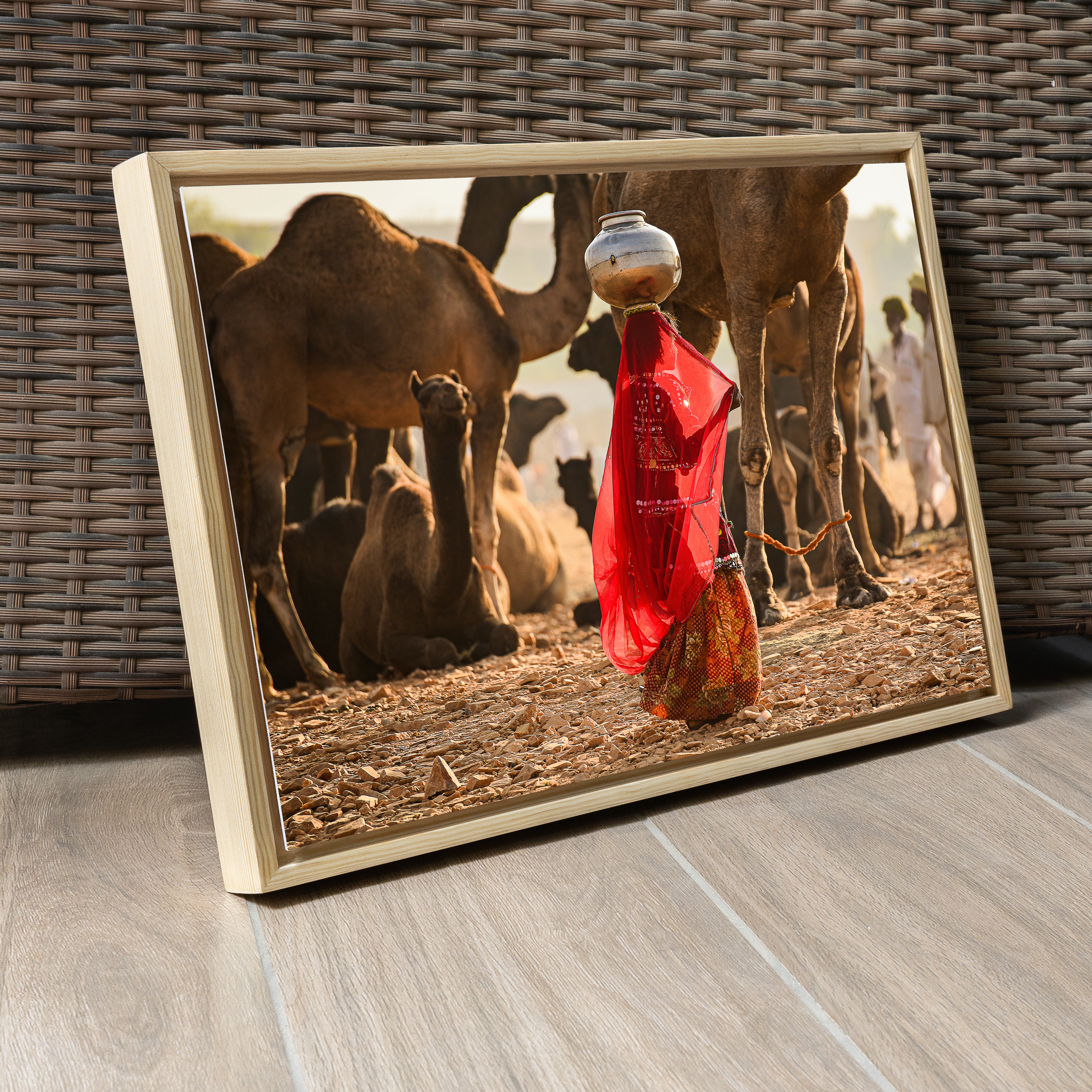 Pushkar Fair — Tribal Woman with Pottery & Camels Fine Art Print
