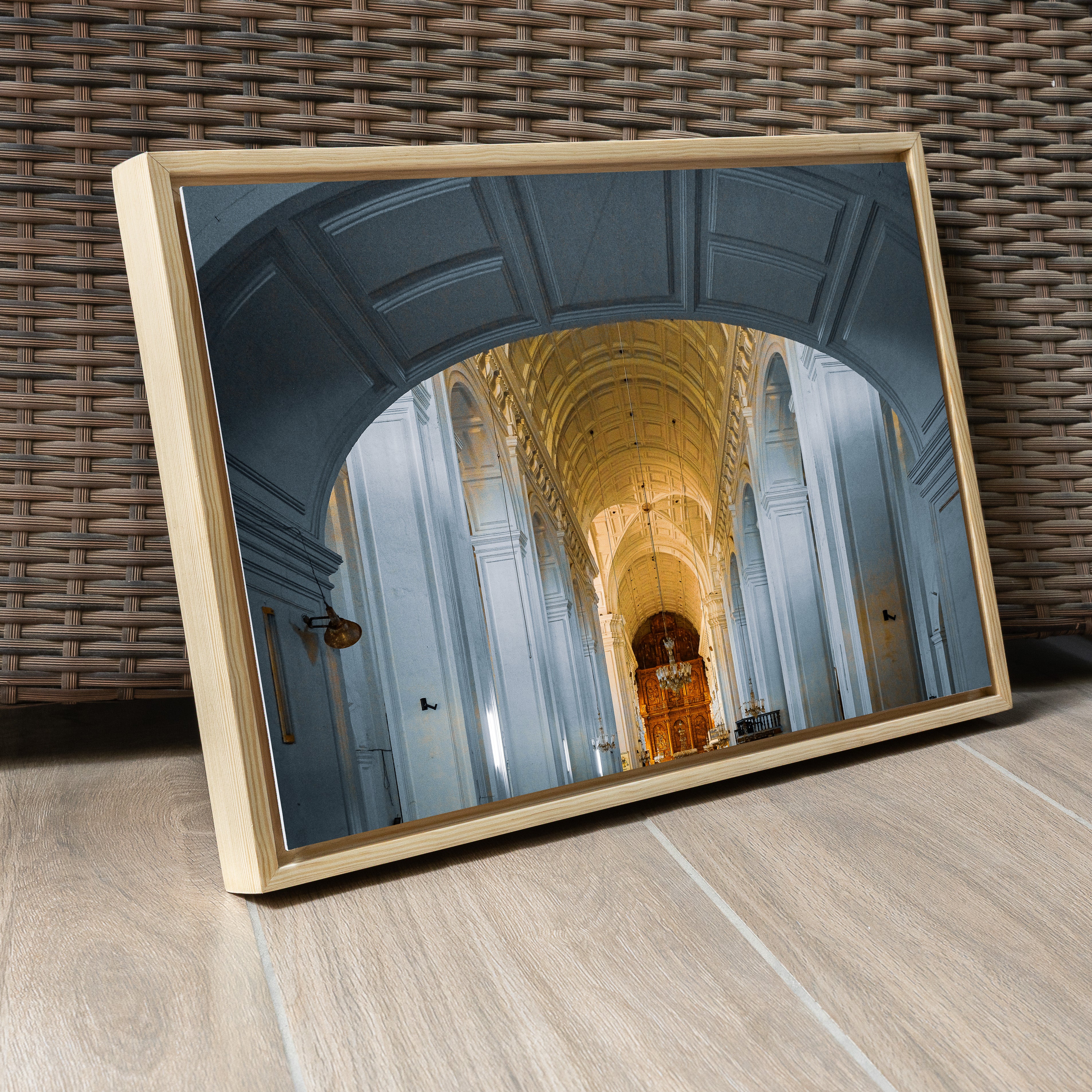 Goa Church Interior — Golden & Light Blue Arches Fine Art Print