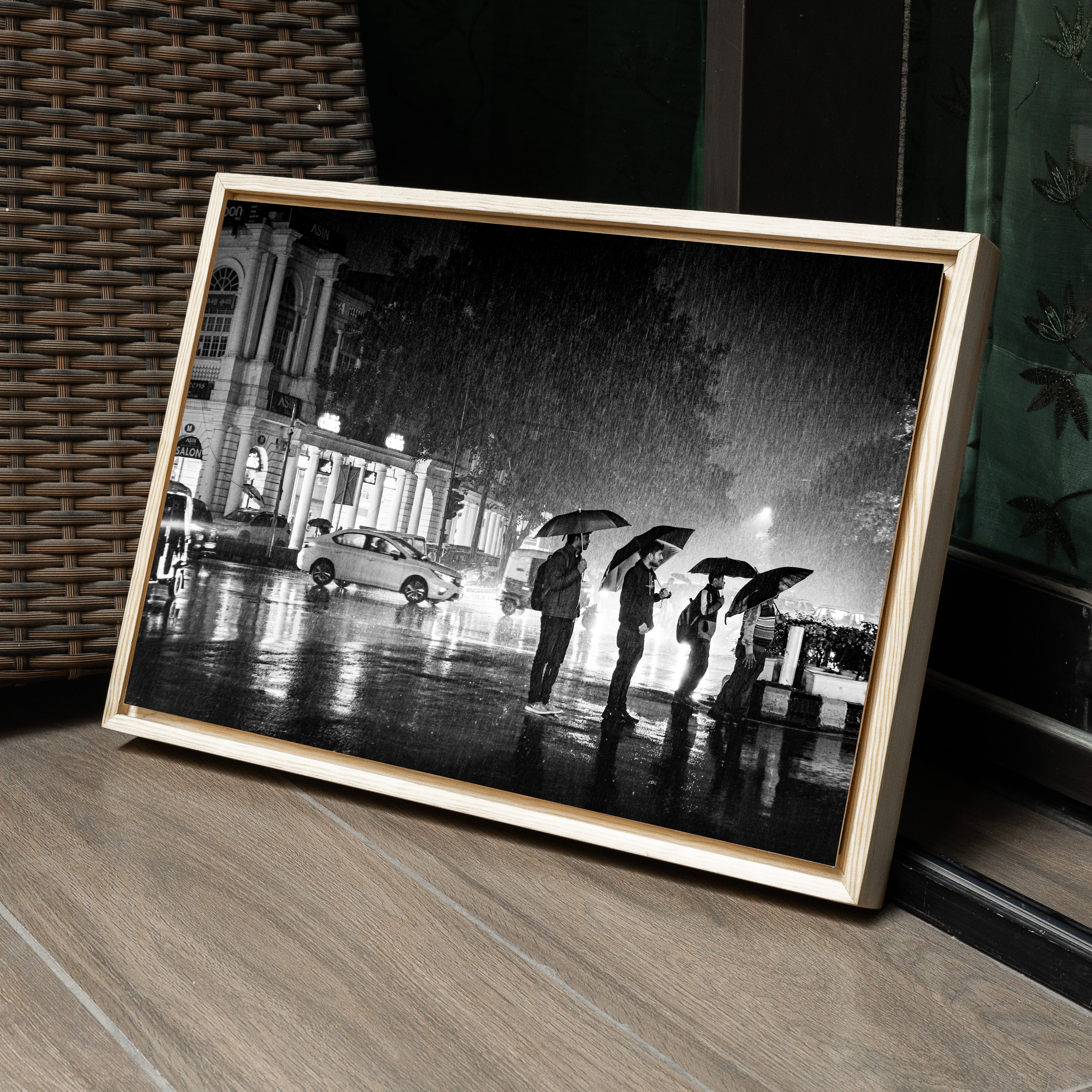 Connaught Place Rain — Umbrella Line, Delhi Fine Art Print