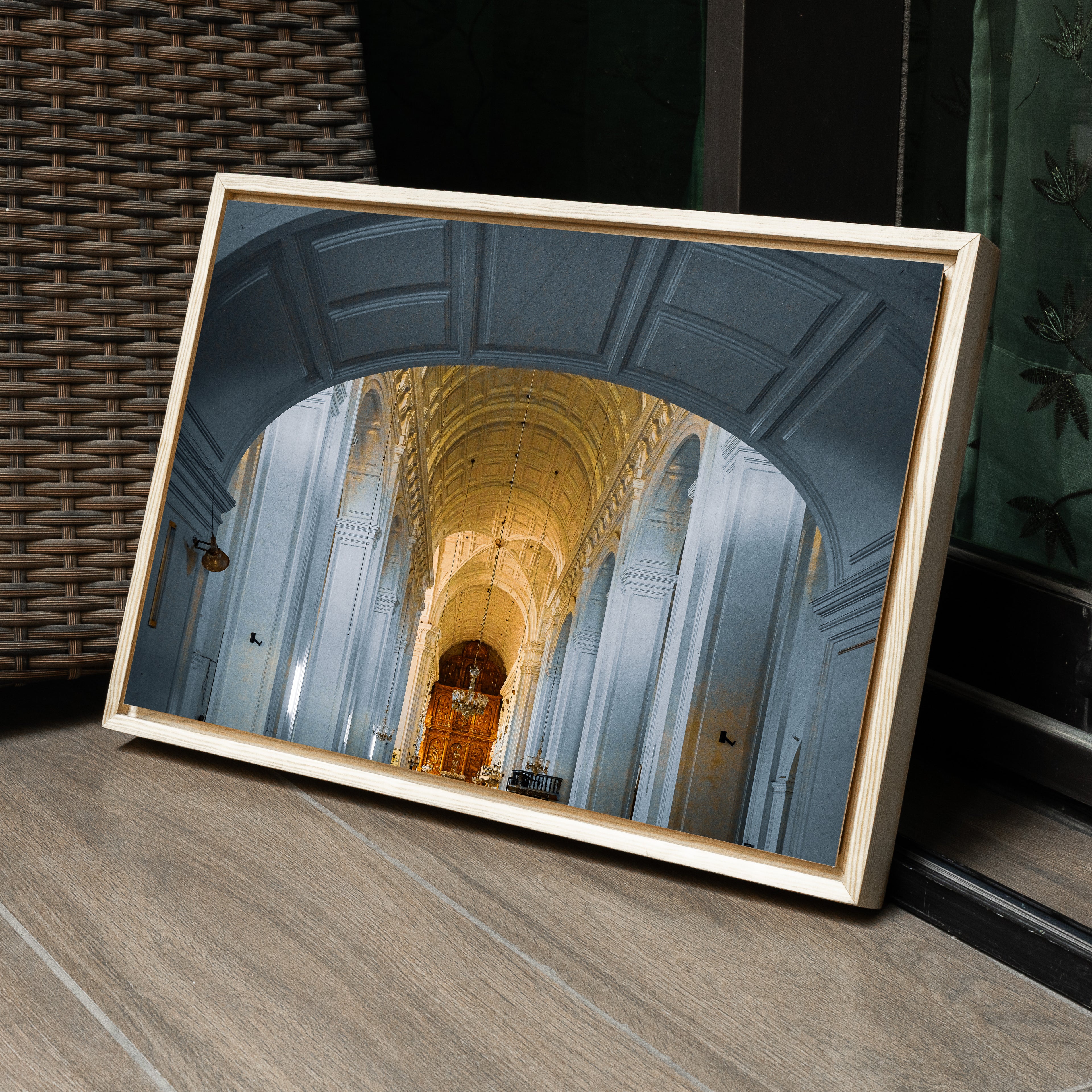 Goa Church Interior — Golden & Light Blue Arches Fine Art Print