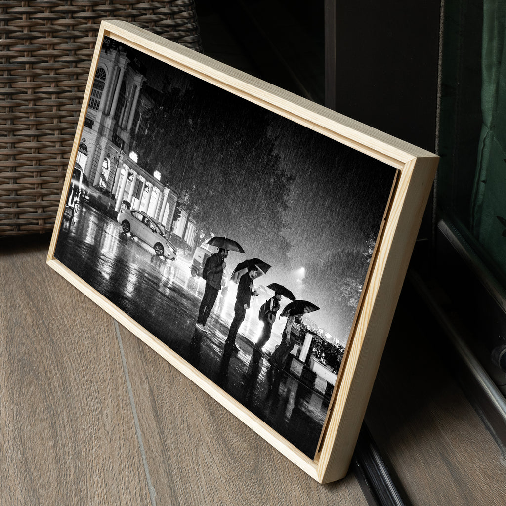 Connaught Place Rain — Umbrella Line, Delhi Fine Art Print