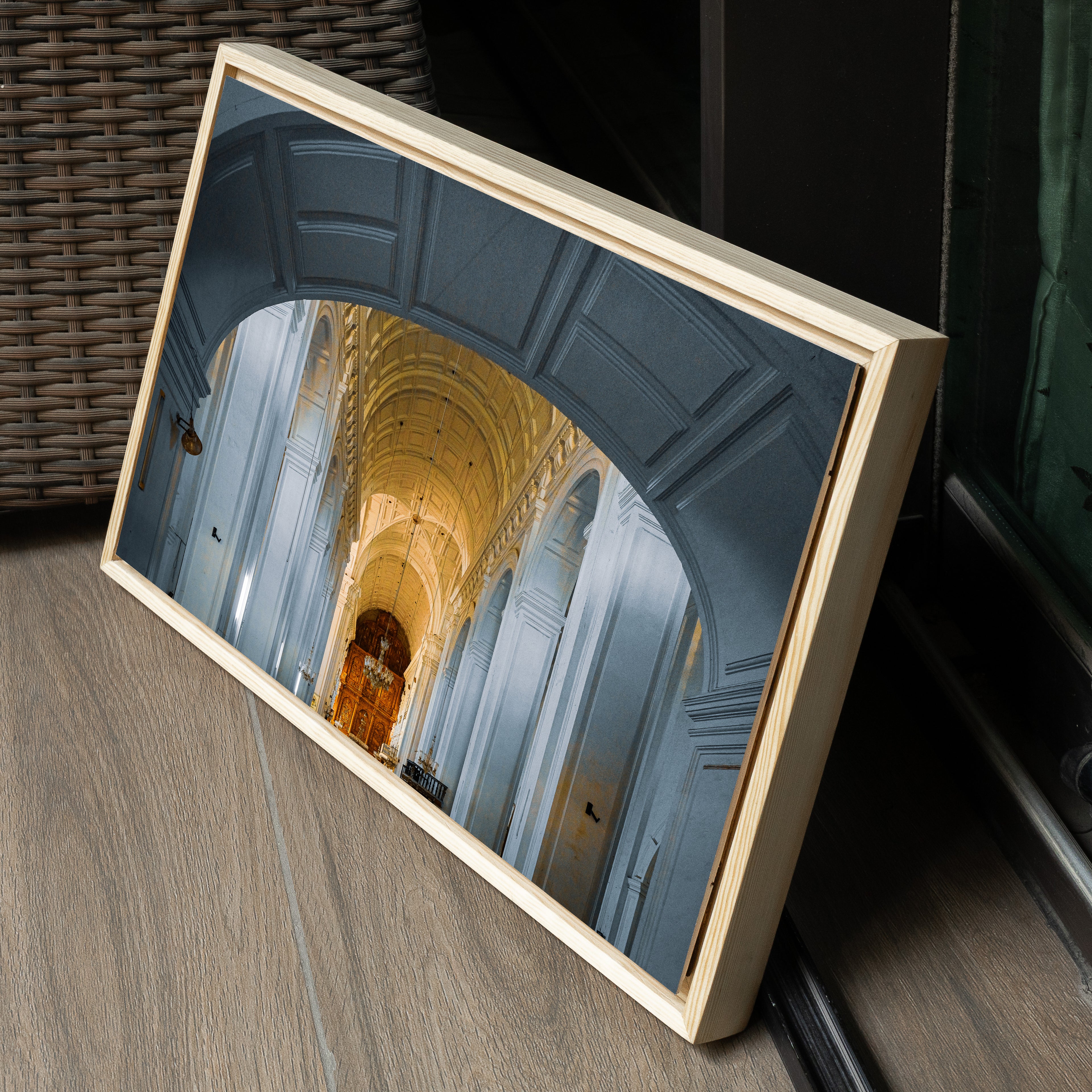 Goa Church Interior — Golden & Light Blue Arches Fine Art Print